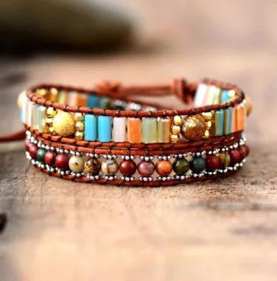 New Trendy Retro Bohemian 2-Circle Wrap Bracelet Hand-Woven Fashion Leather Natural Stones Crystals Geometric Vintage Design for