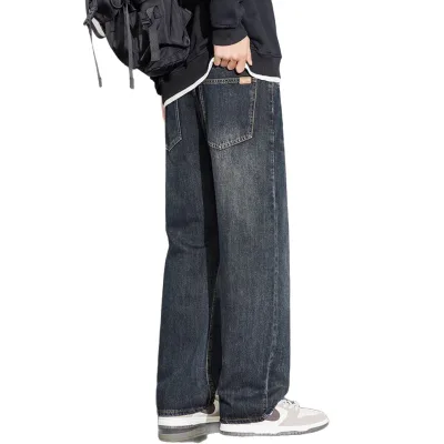 Trendy Men's Loose Wide Leg Jeans - Vintage Dark Wash Casual Denim Trousers for Daily Streetwear