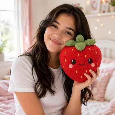 Kawaii Sherpa Strawberry Plush Stuffed Fruit with Smiling Face, Soft Boucle Aesthetic Toy for Sensory Stress Relief and Decor