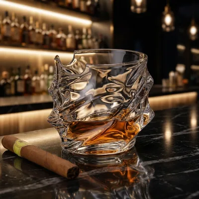 Wholesale Custom Modern European Style Hand Blown Clear Transparent 330ml Shot Glass Whiskey Cigar Cup for Cold Whiskey Drinking