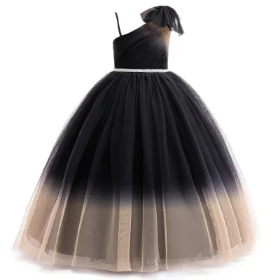 Girls Formal Dress Black Champagne Ombre Tulle One Shoulder Bow Rhinestone Waist Wedding Party Bulk OEM Supplier Factory Sale