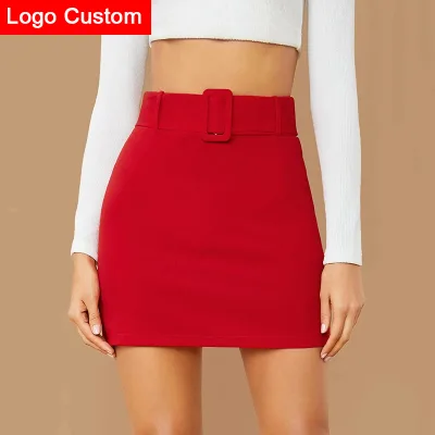 Factory Price Elegant Red Mini Bodycon Belted Summer High Waist Fashion Ladies Jeans Skirt Women