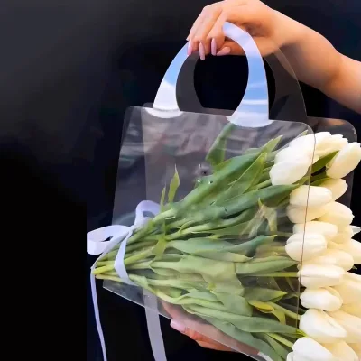 Custom Pvc Plastic Transparent Flower Tote Bags Wedding Gift Packaging Bags for Bouquet with Handles