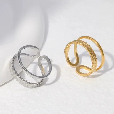 Minimalist Irregular Hollow Double Lines Women Open Adjustable Ring Stainless Steel Waterproof Two Layered Women Ring