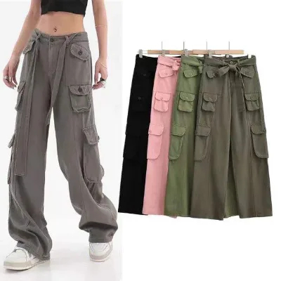 Wholesale Retro Multi Pocket High Waisted Streetwear Loose Casual Women's Parachutes Sports Cargo Pants Women's Pants