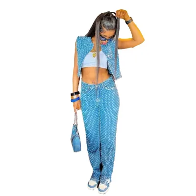 Fashion Denim Jacket and Pants Suit Ladies Coat Pant Suits Hole Leg for Women Sleeveless Jean Wholesale