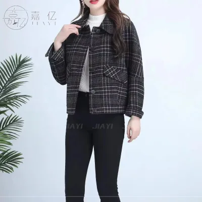 Women's Casual Style Autumn Fashion Short Wool Coat Jacket Lapel Collar Wide Shoulders Single Row Buttons Wide Single Breasted