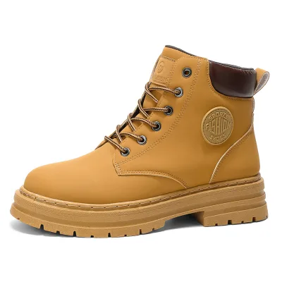 Fashion Men's Leather Boots Lace-up High Cut Thick Sole Anti-Slip Hiking Shoes British Style Versatile Trendy Casual Shoes F1
