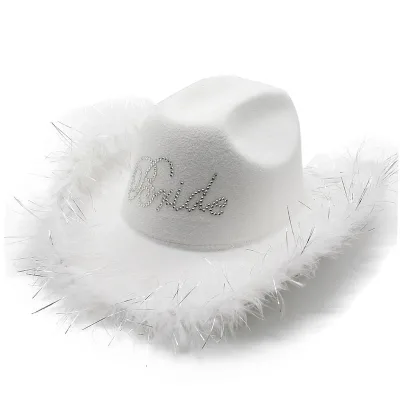 Wholesale Wide Brim Womens Cowboy Fedora Hats With Fluffy Feather Rhinestone Bride Wedding Party  Hats