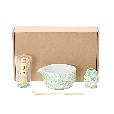 4 Pieces Matcha Tea Set Includes Handmade Bowl and Holder Natural Bamboo Whisk with Tea Spoon Home Matcha Tools Gift