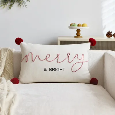 Merry & Bright Christmas Lumbar Pillow Cover Woven Embroidery Cushion Case with Red Pom Pom for Indoor Sofa Decor