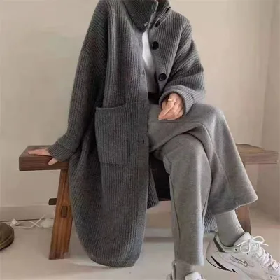 Wholesale Price Stand Collar Knitted Open Cardigans Sweaters With Pockets Winter Batwing Sleeves Women Coats