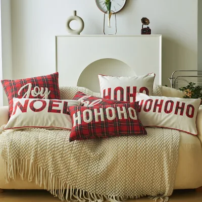 New Style Christmas Print Pillowcase, Red and Green Checkered Letter Embroidery Cushion Cover, Home Textile Pillowcase