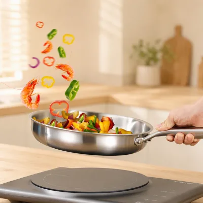 Food Contact Stainless Steel Skillet Multi-Ply Nonstick Egg Frying Pan for Daily Cooking on Gas and Induction Stoves