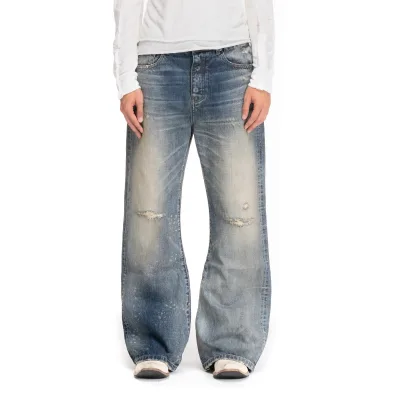 Mens Bootcut Jeans Custom Salt Wash Denim Pants Elephant Leg Button Fly Distressed Whiskered Streetwear