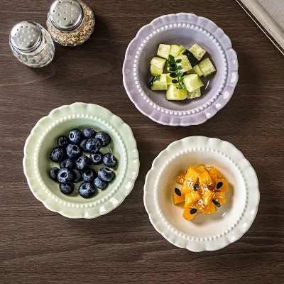 Ceramic Serving Bowl Set 3 Piece Scalloped Rim Beaded Design Pastel Color Sage Cream Lavender Snack Dessert Sauce Condiment Bowl