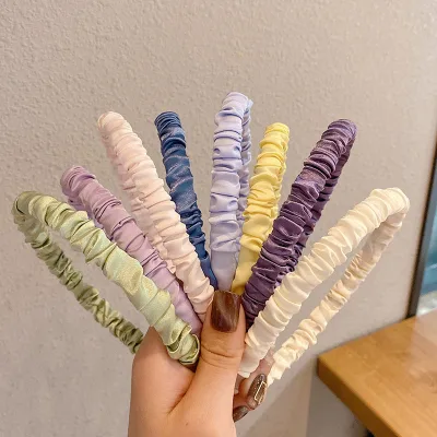 Pastel Color Satin Ruched Hair Hoop Soft Fabric Pleated Headband for Women Girls Daily Hair Accessories