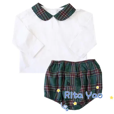 Wholesale Baby Girl Embroidered Green Flannel Diaper Set Peter Pan Collar Long Sleeve Christmas Toddler Girl Bloomer Outfit Set
