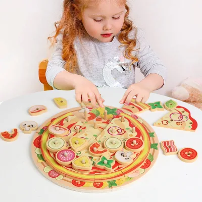 Custom Montessori Wooden Simulation Pizza Jigsaw Puzzle Board Vegetable Matching Game Pretend Play Kitchen Toys for Kids