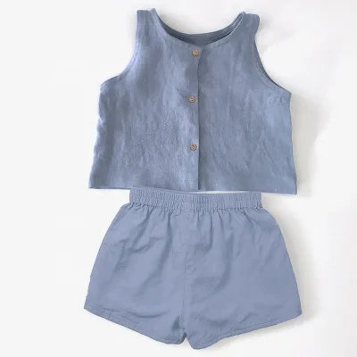 Kids 2 Piece Summer Suit Korean Version Cotton Linen Breasted Loose Casual Set for Boys and Girls