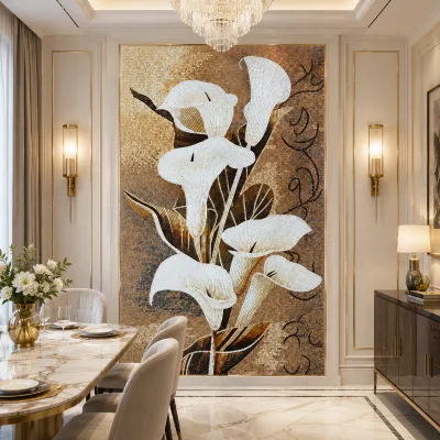 Custom Lily Flower Mosaic Mural Artistic Floral Mosaic Wall Art Decorative Feature Wall for Hotel Commercial Projects