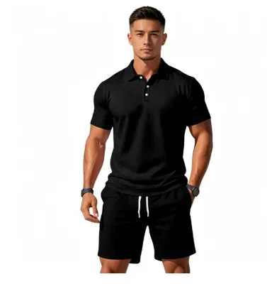Summer New Men's Casual Solid Color Polo Shirt Short-Sleeved Shorts Set  Fashion Slim Fit Outdoor Collar Daily Business Suit