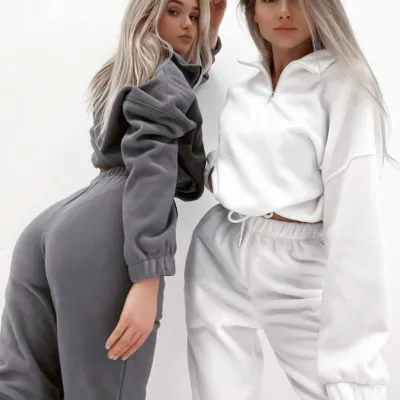 Casual Loose Zip-Up Stand Collar Hoodie Two-Piece Women Half Zipper Sweatshirt and Joggers Outfit