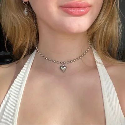 Trendy Rock Exquisite Ball Chain Puffy Heart Charm Choker Necklace Punk Heart Pendant Necklace for Women