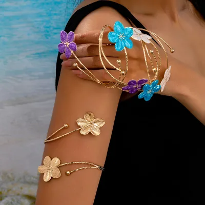 Hot Selling Adjustable Irregular Shape Arm Cuff Jewelry Bracelet Boho Metal Colorful Flower Arm Bracelet for Women's Arms