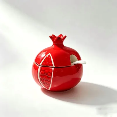 Bright Red Pomegranate Design Porcelain Condiment Canister Lidded Sugar Container With Spoon Slot Multipurpose Kitchen Spice