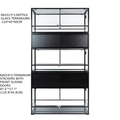 Reptizoo 3 Pcs RK0223 120x45x60cm Reptile Glass Terrarium Combo Set with 2 Pcs RAS59 Stacker Stand Front Sliding Doors