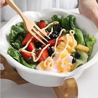 Ceramic Restaurant Buffet Salad Bowl with Bamboo Base Fruit Basket Home Decoration Creative Fruit Plate