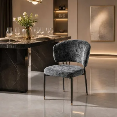 Modern Nordic Luxury Scalloped Back Dining Chair with Iron Metal Legs Linen Upholstered Restaurant Furniture for Living Room