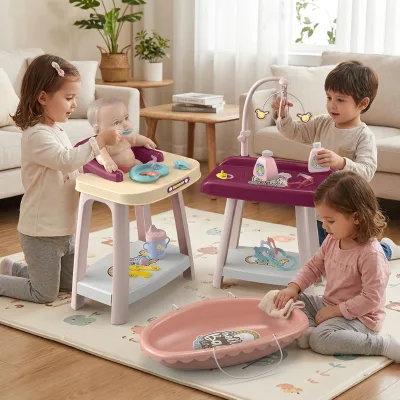 Portable Baby Care Desk Set with Feeding Chair Rotating Bell Bathing Table and Multiple Doll Accessories Interactive Toys