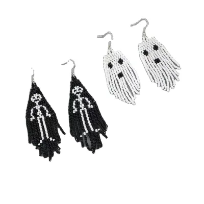 Custom Halloween Series Tassel Earrings Skeleton Design with Long Handmade Rice Beads Gold Plated for Weddings and Parties