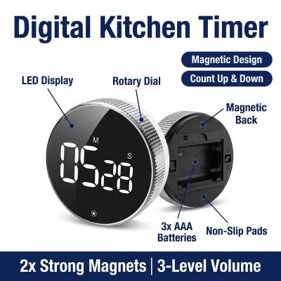 Digital LED Display Kitchen Fitness Rotary Timer Touch Control AAA Battery Magnetic Fridge Attracted Bracket
