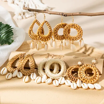 Handmade Natural Rattan Drop Earrings in Water Drop Circle Shape Natural Shell Dangling Earrings