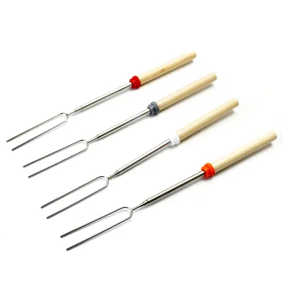 Extendable Bbq Skewers Long Marshmallow Stick 32 inch Telescoping Barbecue Fork Wood Skewers Camping Stainless Steel BBQ Kit