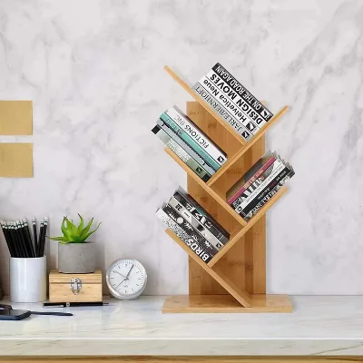 4 Layer Book Display Bamboo Bookshelf Library Wall Mounted Book Shelves Tree Shaped Bookshelf Book Stand Holder Shelves