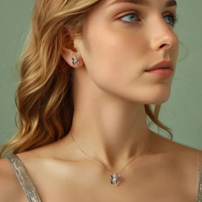 Factory Price 925 Sterling Silver Luxury Leaf Butterfly Earrings Autumn Leaf Butterfly Necklace Set for Women
