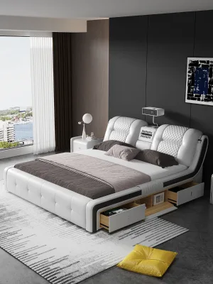 Excellent Storage Rich Leather Bed Spacious Upholstered Bed With Multiple Drawers for Bedroom Organization