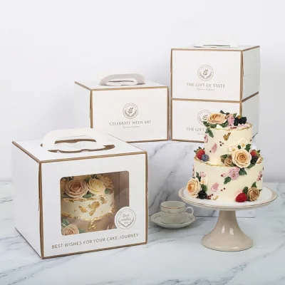 Luxury Custom Paper Cake Box with Handle Rectangle Cake Paper Packaging Box with Transparent Window