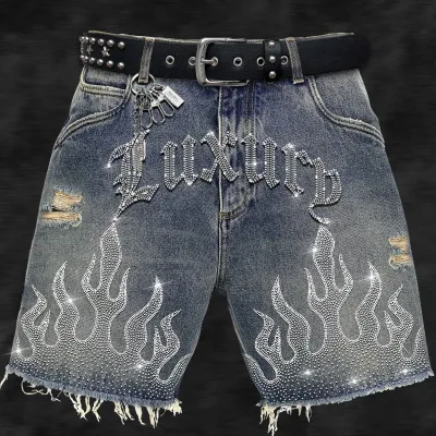 Custom Made to Order Ripped Distressed Sun Fade Baggy Shorts Flared Stack Pearl Rhinestone 3d Embroidery Patch Jeans Jorts