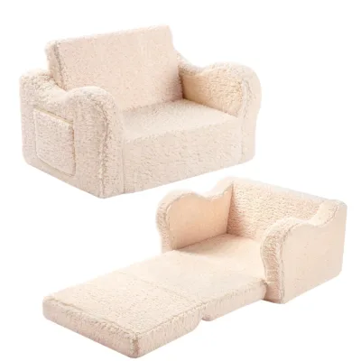 Kids Cream Sofa Bed Toddler 2 in 1 Toddler Soft Wool Sofa Folding Convertible Sofa to Recliner for Girls and Boys