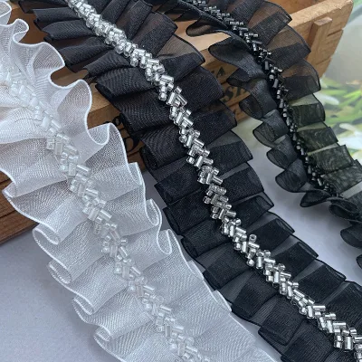 4.5cm White Black Bead Pleated Lace Trim Wedding Garment Laces Accessories Laser Collar Cuffs Embroidered Ribbon Size Trousers