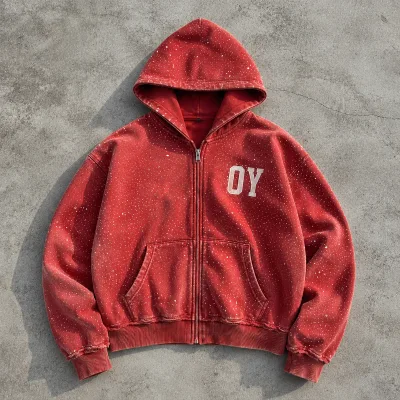 Streetwear Custom Embroidered Zipper Hoodie Men 100% Cotton Cropped Zip Hoodie Manufacturers Oversized Zip up Rhinestone Hoodie