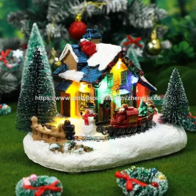 Christmas House Village Snow River Santa Claus Train Scene LED Light Up Christmas Decoration Music Rendering Battery Operated