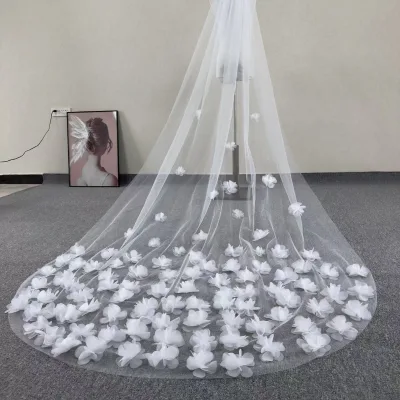 Bridal Veil Long Wedding Veil 3D Flowers Floral Lace White Luxurious Petals Veil for Bride With Comb Velos De Novia Cathedral