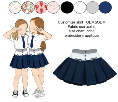 Preppy Style Kids Pleated Skirt Contrast Waist with Bows Children's Casual Uniform Skirt OEM ODM Low MOQ