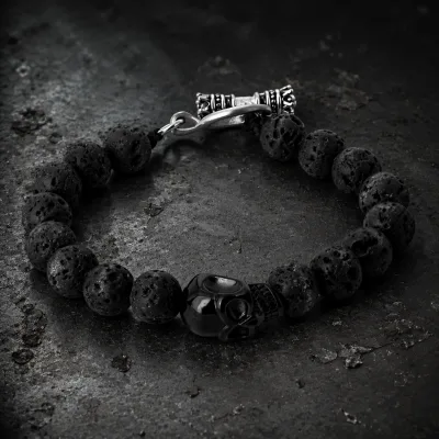 Natural Lava Stone Black Skull Charm Bracelet Bead Gothic Punk Men Jewelry OEM Custom Logo Wholesale